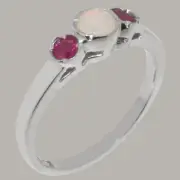 Solid 14k White Gold Natural Opal & Ruby Womens Trilogy Ring - Sizes 4 to 12
