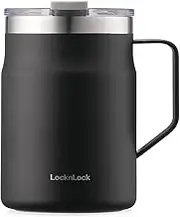 LocknLock Metro Mug Premium 18/8 Stainless Steel Double Wall Insulated with Handle Perfect for Table with Lid, Black, 16 oz
