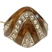 Vintage Brown Enamel Swirl Crystal Cocktail Ring Art Deco Silver Plated Size 9