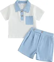 [Geagodelia] Toddler Baby Boy Gentlemen Summer Outfits Short Sleeve Lapel Neck Striped T-Shirt Sweatshirt Top with Elastic Waist Checkered Shorts Sets 2Pcs Clothes for Little Boys
