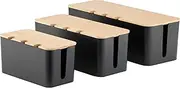 Set 3 of Bamboo Cover Cable Management Box, Large Storage Tidy,Wires Keeper Holder for Computer, Desk, TV, Phone Holder, Powerboard Charging Cable, Strong Organiser Box on Home&Office（Black）