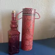 Vintage Red Glass Bottle with Stopper Square Apothecary Embossed Design Raised G