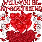 Ucatcher Will You Be My Girlfriend Balloons and Petals Valentine'S Day Balloon Decorations Red Love Heart Foil Latex Balloons with 1000Pcs Artificial Rose Petals for Confession Proposal Supplies