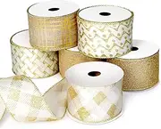 Gold Ribbon Wired Christmas Tree Ribbon 2.5 Inch Xmas Ribbons 6 Rolls 36 Yards Burlap Organza Sheer Mesh Metallic Glitter Crafts Decorating Gift Wrapping Bows Gift Wrap Bow Tree Topper Wreath