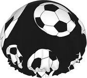 Soccer Black Print Shower Cap For Women Men Reusable Lightweight Soft Bath Hair Cap With Elastic Band