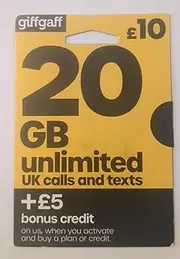 Giffgaff Multi Sim (Standard/Micro & Nano). £5 Bonus Credit Added When You Topup £10 First Time. Unlimited Calls, Texts, Data. Fits All Devices - iPhones, iPads, Tablets, Androids, Dongles & Wifi