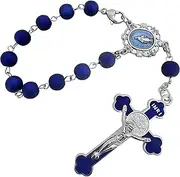 TALISMAN4U Saint Benedict One Decade Car Rosary for Rearview Mirror Miraculous Medal Deep Blue Rosary Beads Catholic Evil Protection Auto Rosary for Women Men, Blue, Silver