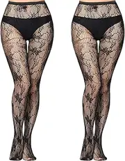 [TUONYIS] 2 Pairs Women's Sheer Tights High Waist Fishnet Tights Womens Black Patterned Fishnet Net Tights Black Tights for Women Thigh High Stockings Suspender Pantyhose Ladies Pantyhose, One Size