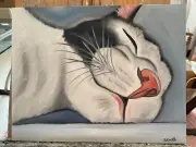 Original oil painting 11 x 14 inches adorable black and white kitty cat sleeping