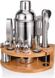 Cocktail Bar Shaker Kit Mixed Drink Set Bartender Alcohol Tools Bamboo Stand NEW