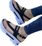 [HHZYT] Women's Summer Sport Sandals Casual Comfortable Flip Flops Wedge Beach Shoes Ankle T-Strap Thong Platform Sandals for Women Walking Sandals,Black,US5/EU36
