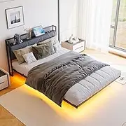 FOUBAM Floating Bed,Queen Size Bed Frame with LED Lights and Charging Station,Queen Bed Base with Storage Fabric Headboard,Heavy Duty Platform Queen Bed Frame Metal Slats Support, Black