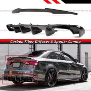 FOR 2017-20 AUDI S3 A3 SLINE CARBON FIBER REAR DIFFUSER + M4 STYLE TRUNK SPOILER