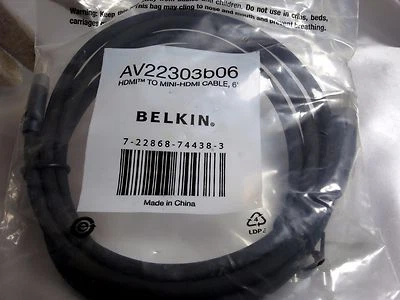 Belkin HDMI to mini-HDMI Cable 6' long ( Type C to A) AV22303B06 TV Camcorder PC