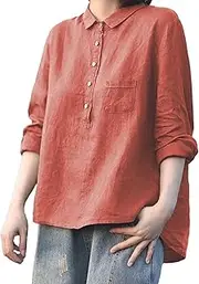 Linen Shirts for Women 2024 Oversized 3/4 Sleeve Cute Floral Graphic Polo Tees Dressy Casual Plus Size Blouses