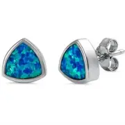 Trillion Shape Blue Opal Studs .925 Sterling Silver Earrings