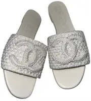 Chanel 24M White Crochet Knit Coco Beach CC Logo Mule Slide Slip Flat Sandal 41