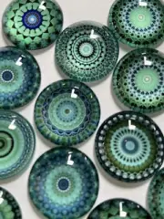 10 Turquoise & Black Mandela Design Glass Circle Cabochons 1 Inch Flat Back