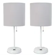 LimeLights White Stick Lamp with USB charging port and Fabric Shade Set of 2