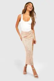 sequin skirt UK 16 Nude side split, Disco, Sparkly, stretchy BNWT Aus 14, L