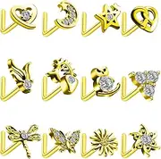[FLOGWE] 12 Pcs 20G Nose Studs Stainless Steel L Shaped Nose Rings Studs for Women CZ Heart Butterfly Star Nose Piercing Jewelry Gold, ONE SIZE, Metal, cubic zirconia