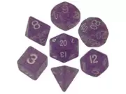 7 COUNT 16MM ETHEREAL GLITTER POLY DICE SET, LIGHT PURPLE w/ WHITE NUMBERS
