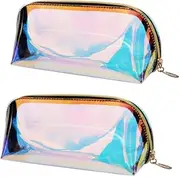 2 Pcs Waterproof Cosmetic Bags,Small Cosmetic Bag PVC Iridescent Holographic Makeup Bag Transparent Zippered Toiletry Bag with Handle Strap Portable Clear Makeup Bag Pouch by Acrylic