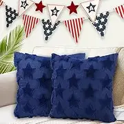 4th of July Throw Pillow Covers Set of 2, Blue Color Stars Soft Plush Faux Fur Jacquard Independence Day Decor Holiday Farmhouse Cushion Case Decoration for Sofa Couch 18 x 18 Inch