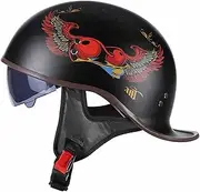 Motorbike Half Helmet Vintage Half Shell Helmet with Built-in Visor Lightweight Open Helmet for Adult Men Women Street Racing Cruiser Motorcycle DOT/ECE Approved