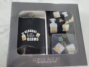 Lord's Rocks Whiskey FLASK & Socks-2 Pairs SET Men's LARGE "ALCHOL KILLS GERMS"