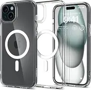 SPIGEN Ultra Hybrid MagFit for iPhone 15 Case, Compatible with MagSafe Magnetic Ring, Air Cushion Bumper Technology Hard PC Back Raised Edges Cover - Clear Case/White Ring
