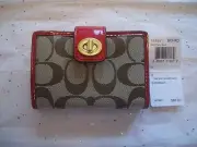 COACH PARK SIGNATURE RED KHAKI TURNLOCK CARD CASE 65361 NWT BEAUTIFUL!!