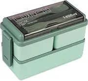 Lunch Box Stackable, 1400ml Bento Box with Spoon Fork, Leak Proof 2 Layer Boxes with 3 Removable Compartments and Cutlery, for Adults Kids Office Microwave Dishwasher Safe Available (Green)