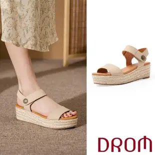 【DROM】涼鞋 厚底涼鞋/歐美時尚純色一字編織壓紋圓釦草編坡跟厚底涼鞋 杏