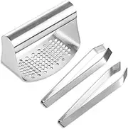 1Pc Stainless Steel Garlic Press Rocker with 2 Kinds of Tweezers,Stainless Steel Garlic Press Garlic Crusher and Peeler Rocking Garlic Press,Stainless Steel Garlic Press Rocker Garlic Mincer Crusher