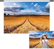 Vie Savaran 5x3ft Golden Wheat Field Backdrop Harvest Rustic Country Landscape Blue Sky Agriculture Straw Photography Background Happy Birthday Party Bride Portrait Studio Photo Props Polyester