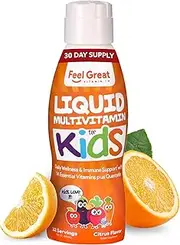 Children’s Liquid Multivitamin by Feel Great 365 (32 Day Supply) | Daily Value of 14 Vitamins | Natural Kids Supplement ● Non-GMO, Sugar-Free, Gluten Free, Methyl B-12 Vitamin D3, Great Fruity Taste