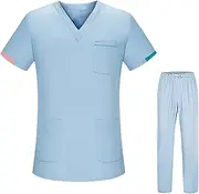 [Vaveren] Nursing Uniform Scrub Set, Short Sleeve Nurse Top Pants V Neck Clothes Work suits Workwear for Beauty Salon Pet Grooming