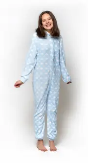Girls Size 10-16 Blue Hearts Bunny Winter Fleece Hooded One Piece Jumpsuit