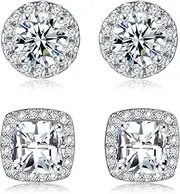 [OPOMOMO] 18K White Gold Plated Round Square Cubic Zirconia Simulated Diamond Halo Stud Earrings (2 Pairs)