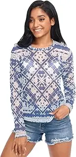 [RPLIFE] Mexican Blue White Long Sleeve Mesh Top, Sheer Tops for Women S-XXL