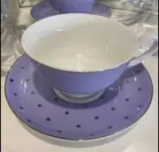 2 Davis & Waddell Cups & Saucers Lilac (Light Purple, Mauve) Silver Polka Dots