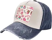 [YANYU] Colorful Sweet Lollipop Cupcake Donut Print Fashion Washed Distressed Baseball Cap Vintage Adjustable Hat with Classic Brim, Navy Blue, One Size