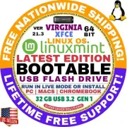 Linux MINT 21.3 USB VIRGINIA XFCE 64-Bit Live Boot, Full Install for MAC, PC