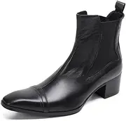 [Generic] Ankle Boots for Men Cap Toe Chealsea Boots Genuine Leather 6 cm Pull Up High Heel Black Dark Red Color Men's Leather Shoes