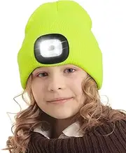 Unisex LED Beanie with Light for Kids, USB Rechargeable Hands Free LED Headlamp Hat, Knitted Night Light Beanie Cap Flashlight Hat, Gifts for Kids Boys Girls (Fluorescent Yellow)