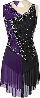 [Manyakai] Women Figure Skating Dance Dress Sparkly Rhinestones Color Block Sleeveless Gymnastic Leotard