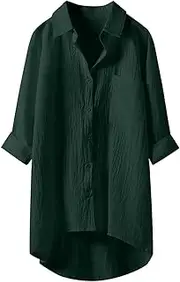 [Generic] Blouses Tunics for Women Linen Cotton Long Blouse - Summer Button-Down Plus Size Casual Shirt V-Neck Long Sleeve Linen Blouse for Women with Chest Pockets