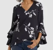 $99 Vince Camuto Women Black V-Neck Flutter Sleeve Blouse Top Size XS