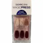 NEW Dashing Diva Magic Press Manicure Long Coffin Maroon Gold Glitter Sparkle